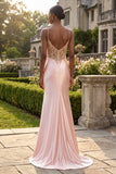 Champagne Appliqued Corset Mermaid Long Prom Dress with Slit