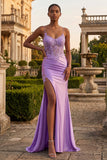 Champagne Appliqued Corset Mermaid Long Prom Dress with Slit