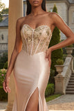 Strapless Champagne Mermaid Corset Appliqued Long Prom Dress with Slit