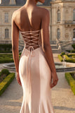 Strapless Champagne Mermaid Beaded Ruched Long Prom Dress with Slit
