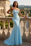 Mermaid Blue Appliqued Spaghetti Straps Long Prom Dress