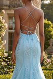 Mermaid Blue Appliqued Spaghetti Straps Long Prom Dress