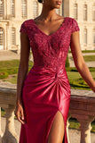 Burgundy Sequin Appliqued Mermaid Long Prom Dress with Slit