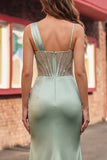 Green Ruched Sequin Mermaid Corset Prom Dress
