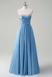 Blue A Line Strapless Pleated Corset Tiered Long Formal Dress with Sequins