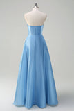 Blue A Line Strapless Pleated Corset Tiered Long Formal Dress with Sequins