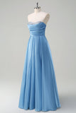 Blue A Line Strapless Pleated Corset Tiered Long Formal Dress with Sequins