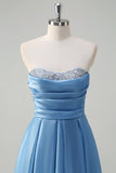 Blue A Line Strapless Pleated Corset Tiered Long Formal Dress with Sequins