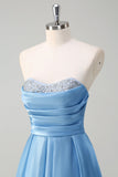 Blue A Line Strapless Pleated Corset Tiered Long Formal Dress with Sequins