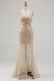 Gold V-Neck Mermaid Sequin Prom Dress with Slit