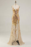 Sparkly Gold Spaghetti Straps Mermaid Prom Dress with Slit