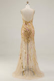 Sparkly Gold Spaghetti Straps Mermaid Prom Dress with Slit