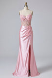 Pink Floral Mermaid Corset Prom Dress with Slit