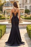 Black Beaded Mermaid Corset Ruched Long Prom Dress with Slit