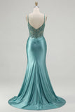 Blue Mermaid Corset Appliqued Long Prom Dress with Slit