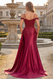 Burgundy Cold Shoulder Sequin Mermaid Long Prom Dress with Slit