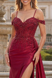 Burgundy Cold Shoulder Sequin Mermaid Long Prom Dress with Slit