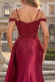 Burgundy Cold Shoulder Sequin Mermaid Long Prom Dress with Slit