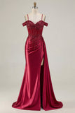 Burgundy Cold Shoulder Sequin Mermaid Long Prom Dress with Slit