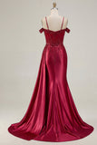 Burgundy Cold Shoulder Sequin Mermaid Long Prom Dress with Slit