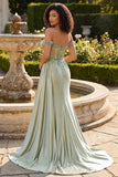 Cold Shoulder Light Green Mermaid Sequin Corset Long Prom Dress with Slit
