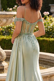 Cold Shoulder Light Green Mermaid Sequin Corset Long Prom Dress with Slit