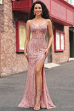 Sequin Blush Mermaid Corset Prom Dress with Slit