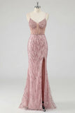 Sequin Blush Mermaid Corset Prom Dress with Slit