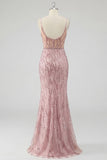 Sequin Blush Mermaid Corset Prom Dress with Slit