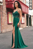 Dark Green Appliqued Mermaid Prom Dress with Slit