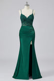 Dark Green Appliqued Mermaid Prom Dress with Slit
