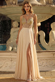 Champagne Sequin A Line Sheer Corset Long Prom Dress with Slit