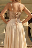 Champagne Sequin A Line Sheer Corset Long Prom Dress with Slit