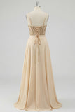 Champagne Sequin A Line Sheer Corset Long Prom Dress with Slit