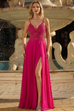 Rose A Line Lace Up Back Spaghetti Straps Long Prom Dress with Slit