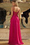 Rose A Line Lace Up Back Spaghetti Straps Long Prom Dress with Slit