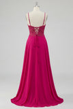 Rose A Line Lace Up Back Spaghetti Straps Long Prom Dress with Slit