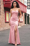 Blush Mermaid Corset Pleated Lace Up Back Long Prom Dress with Slit