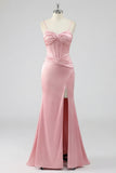 Blush Mermaid Corset Pleated Lace Up Back Long Prom Dress with Slit