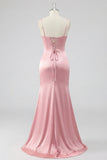 Blush Mermaid Corset Pleated Lace Up Back Long Prom Dress with Slit