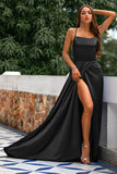 A-Line Spaghetti Straps Backless Long Satin Formal Dress with Slit