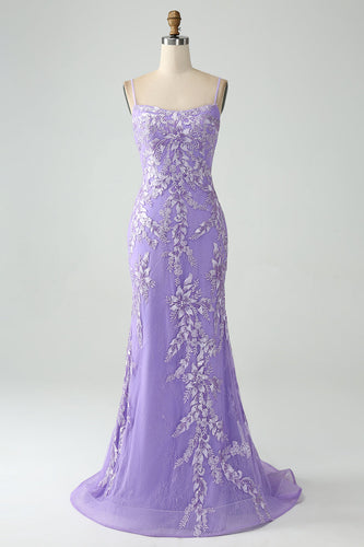 Mermaid Lilac Spaghetti Straps Long Formal Dress with Appliques