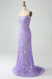 Mermaid Lilac Spaghetti Straps Long Formal Dress with Appliques