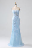 Sky Blue Sparkly Mermaid Corset Formal Dress with Sequins