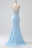 Sky Blue Sparkly Mermaid Corset Formal Dress with Sequins