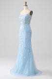 Sky Blue Sparkly Mermaid Corset Formal Dress with Sequins