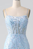 Sky Blue Sparkly Mermaid Corset Formal Dress with Sequins