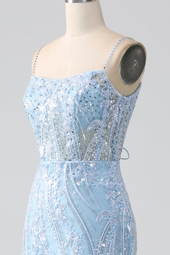 Sky Blue Sparkly Mermaid Corset Formal Dress with Sequins