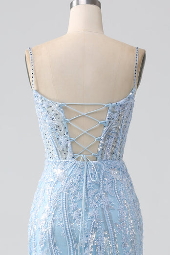 Sky Blue Sparkly Mermaid Corset Formal Dress with Sequins