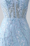 Sky Blue Sparkly Mermaid Corset Formal Dress with Sequins